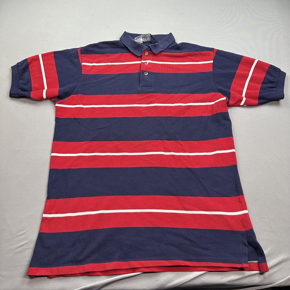 Vintage Lands' End Polo Shirt Mens Medium Blue Red Striped 100% Retro USA 90s
